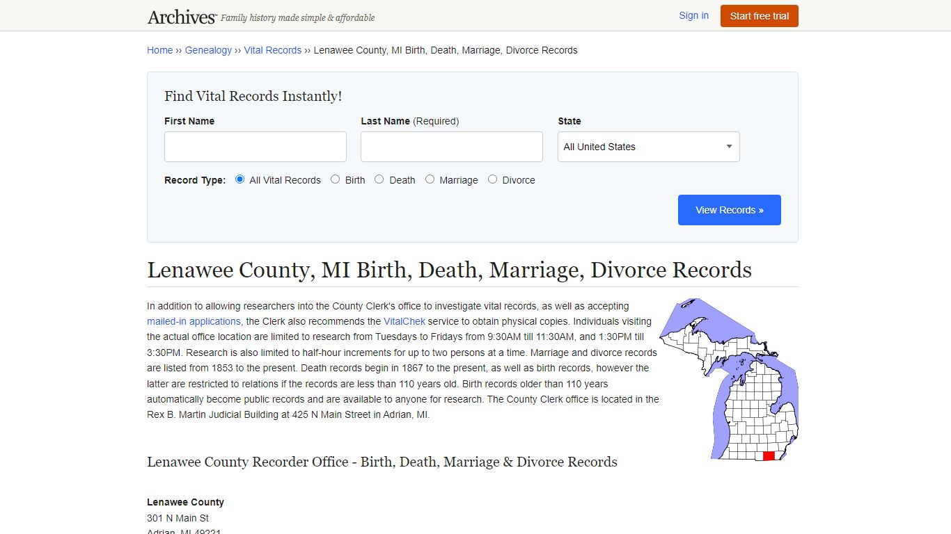 Lenawee County, MI Birth, Death, Marriage, Divorce Records